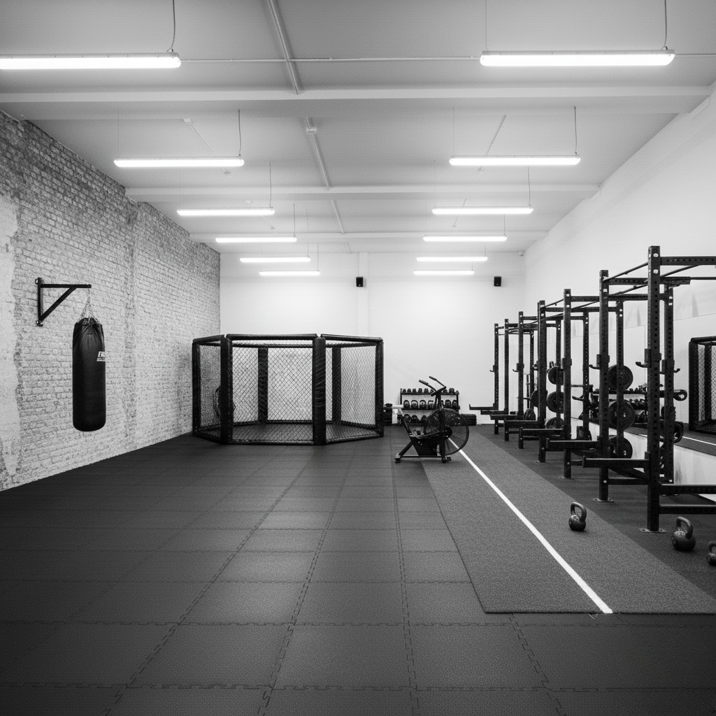 Schwarz-weißes Hero-Banner: Modernes Fitnessstudio mit Trainingsbereich für Brazilian Jiu-Jitsu (BJJ) und Mixed Martial Arts (MMA) Mattenfläche im Vordergrund und einem Strength & Conditioning Bereich mit Squat-Racks, Gewichten und einem Airbike im Hintergrund. Ideales Gym für Kampfsport sowie Strength & Conditioning Training.